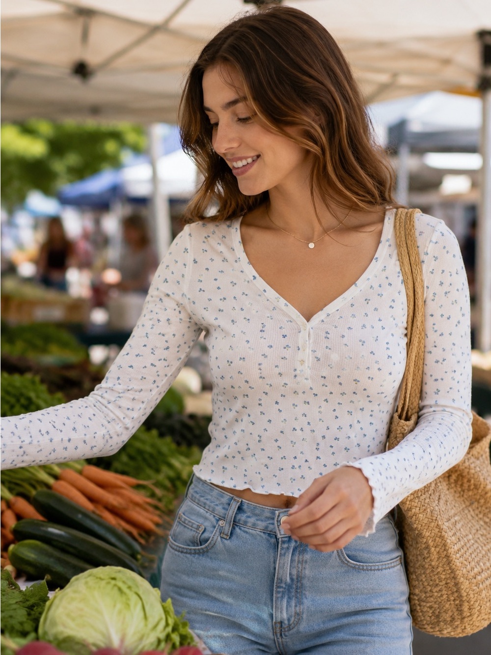 ORANGE KISS White Long-Sleeve Cropped Henley Top with Small Blue Floral Print